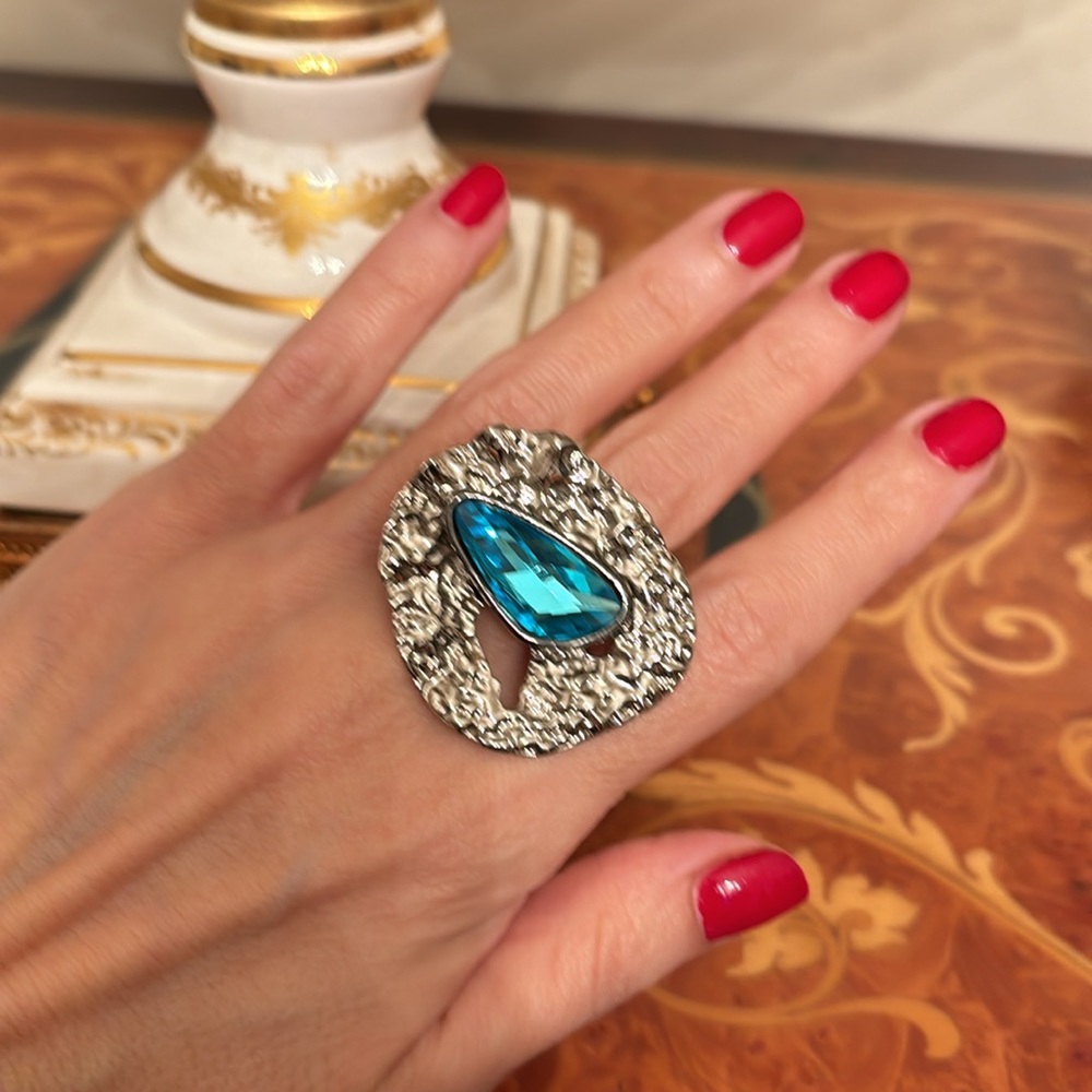 Designer Earrings and Ring blue stone silver tone statement set